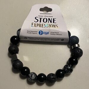 Expressions Black beaded and Silver stretch Bracelet. Obsidian and lava. NWT
